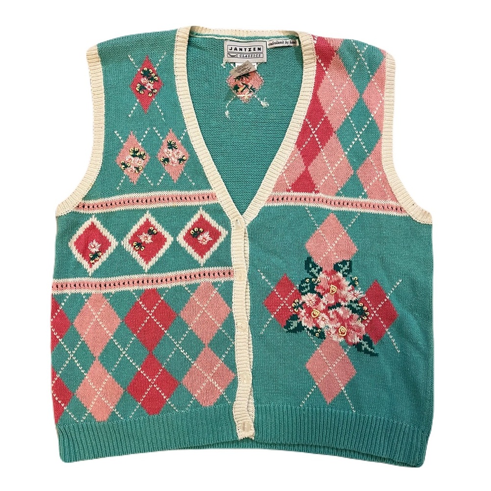 Jantzen Teal and Pink Knit Sweater